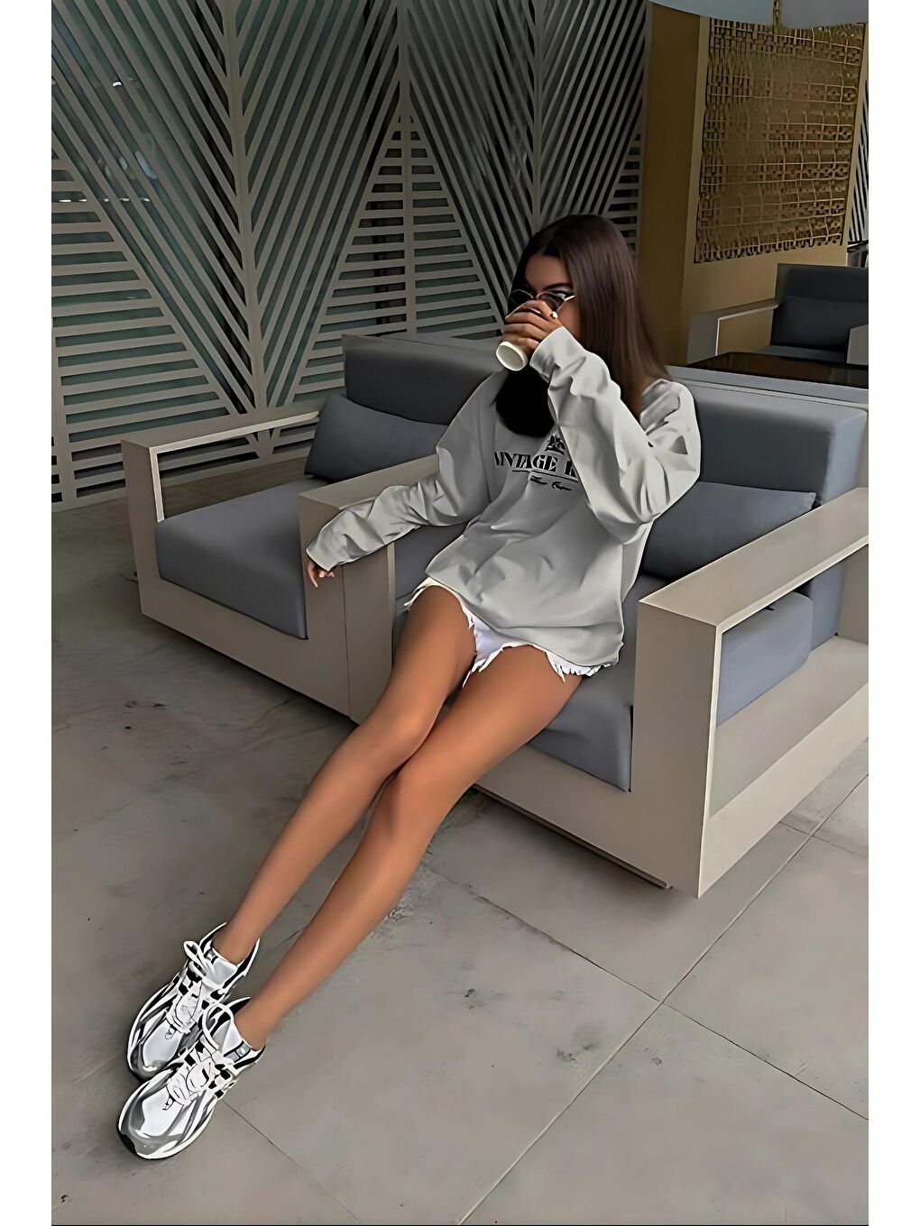 Boyalı Gri Baskılı Uzun Kollu Tişört Mg2451-2