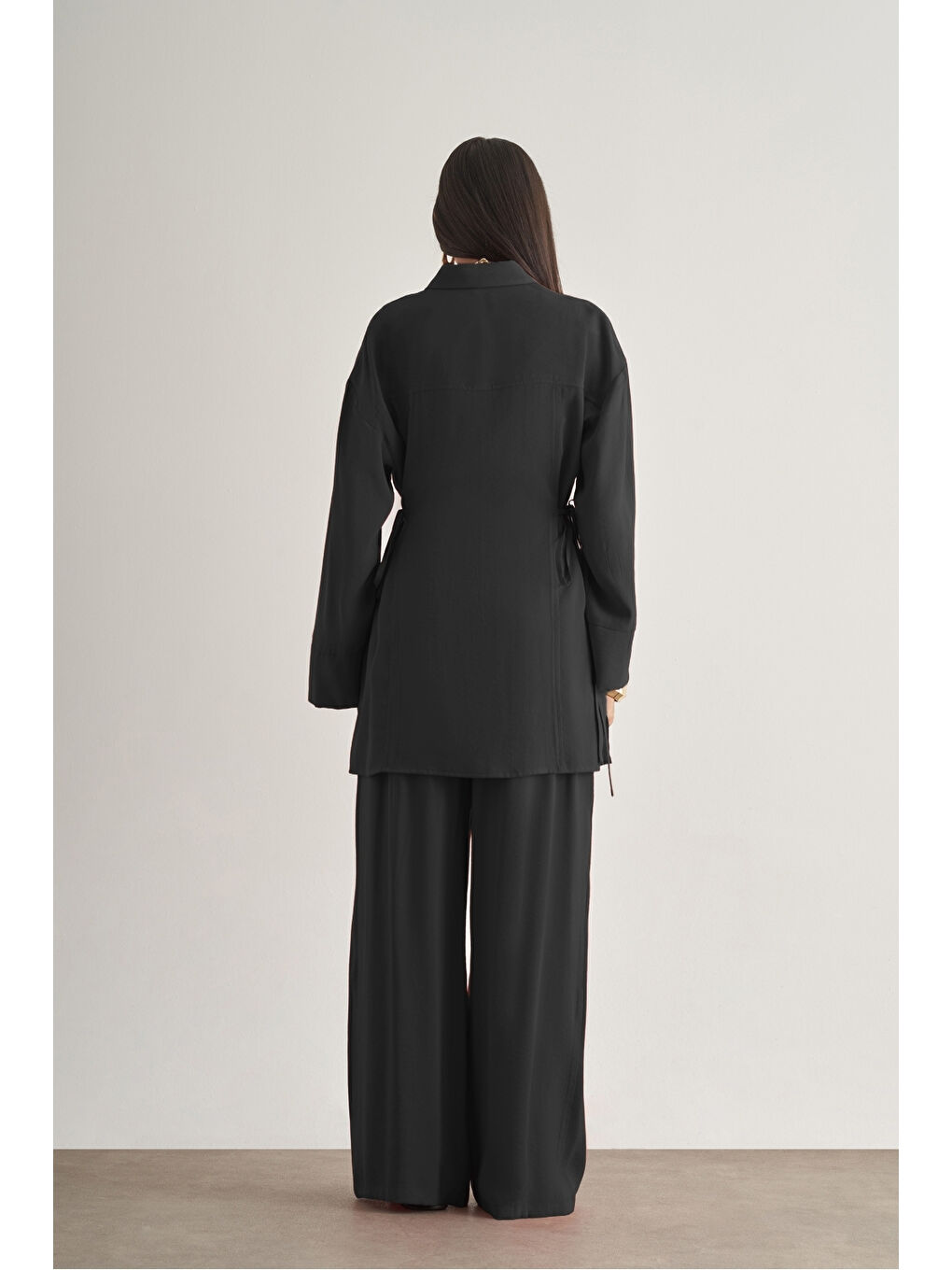 Beli İpli Modal Karışımlı Siyah Rahat Pantolon-3