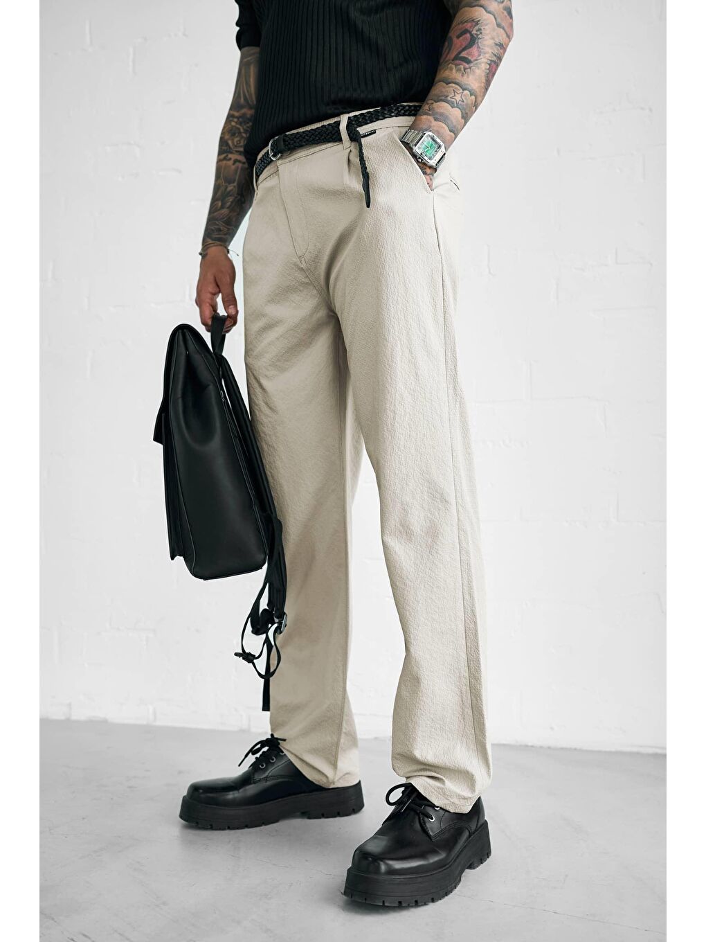 Erkek Dokulu İnce Kumaş Regular Fit Pantolon Bej-2