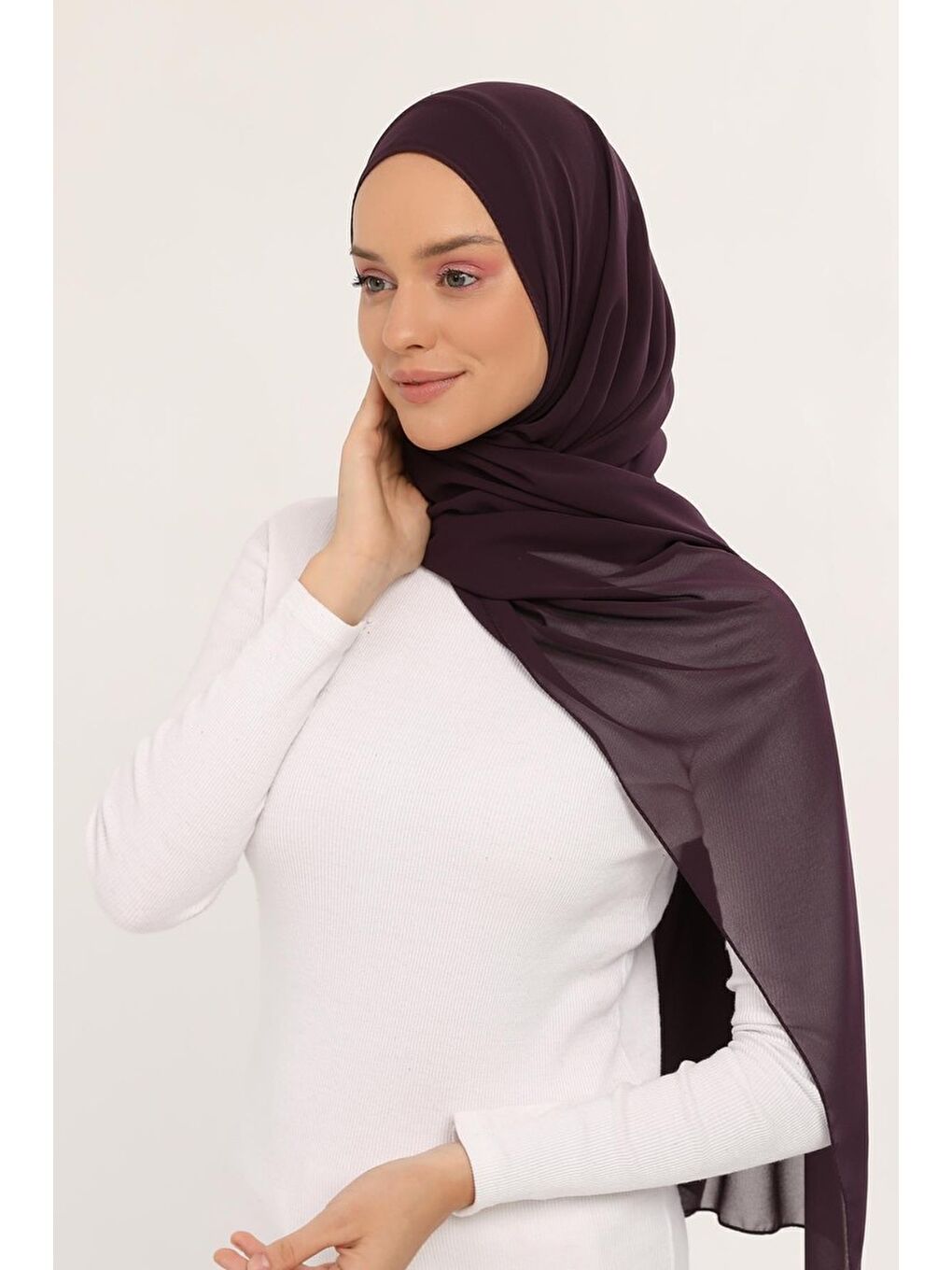 Mürdüm Hazır Lüks Pratik Hijablı Şifon Şal-1