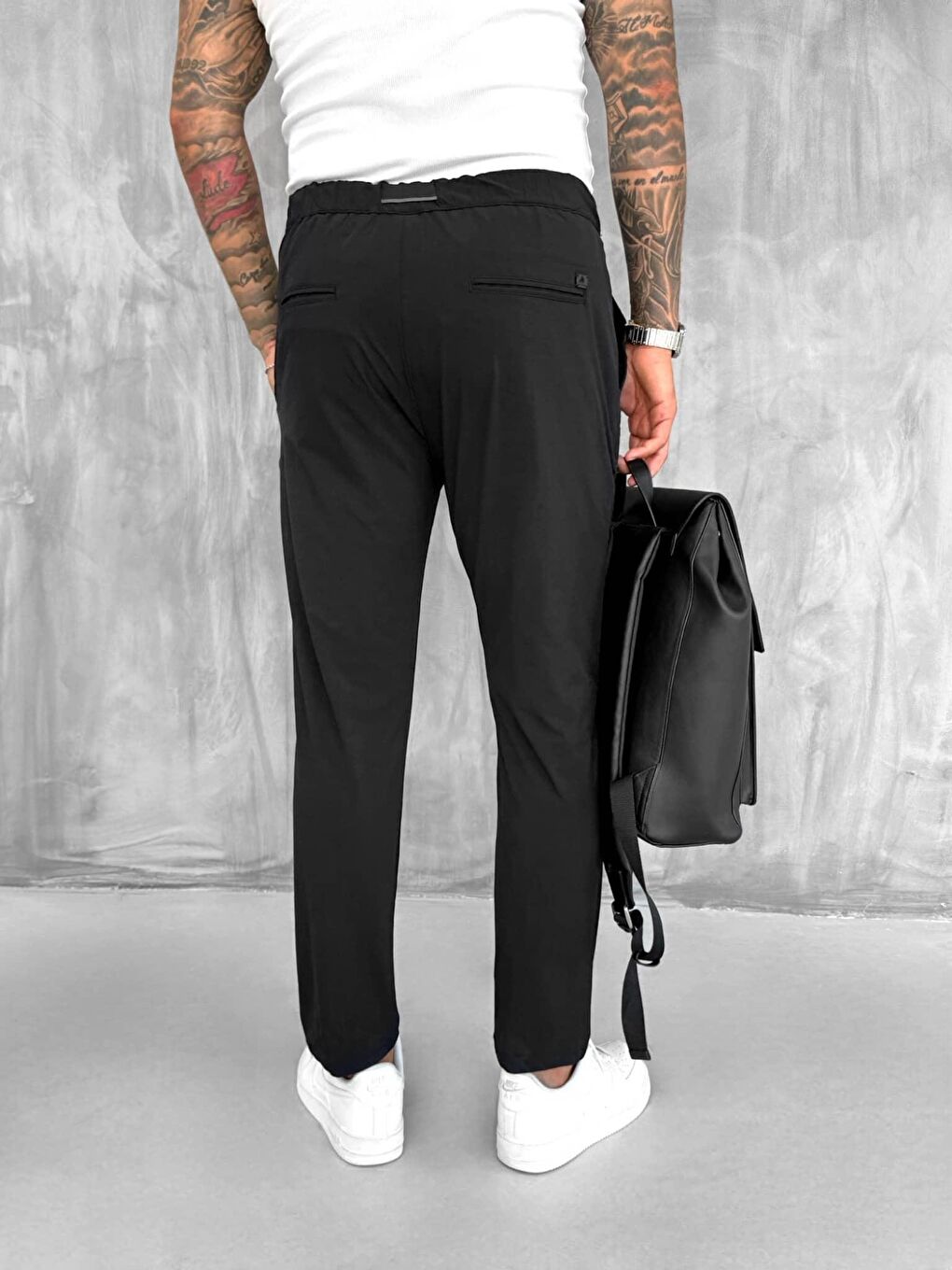 Erkek Beli Lastikli Tecno Kumaş Slim Fit Pantolon Siyah-2