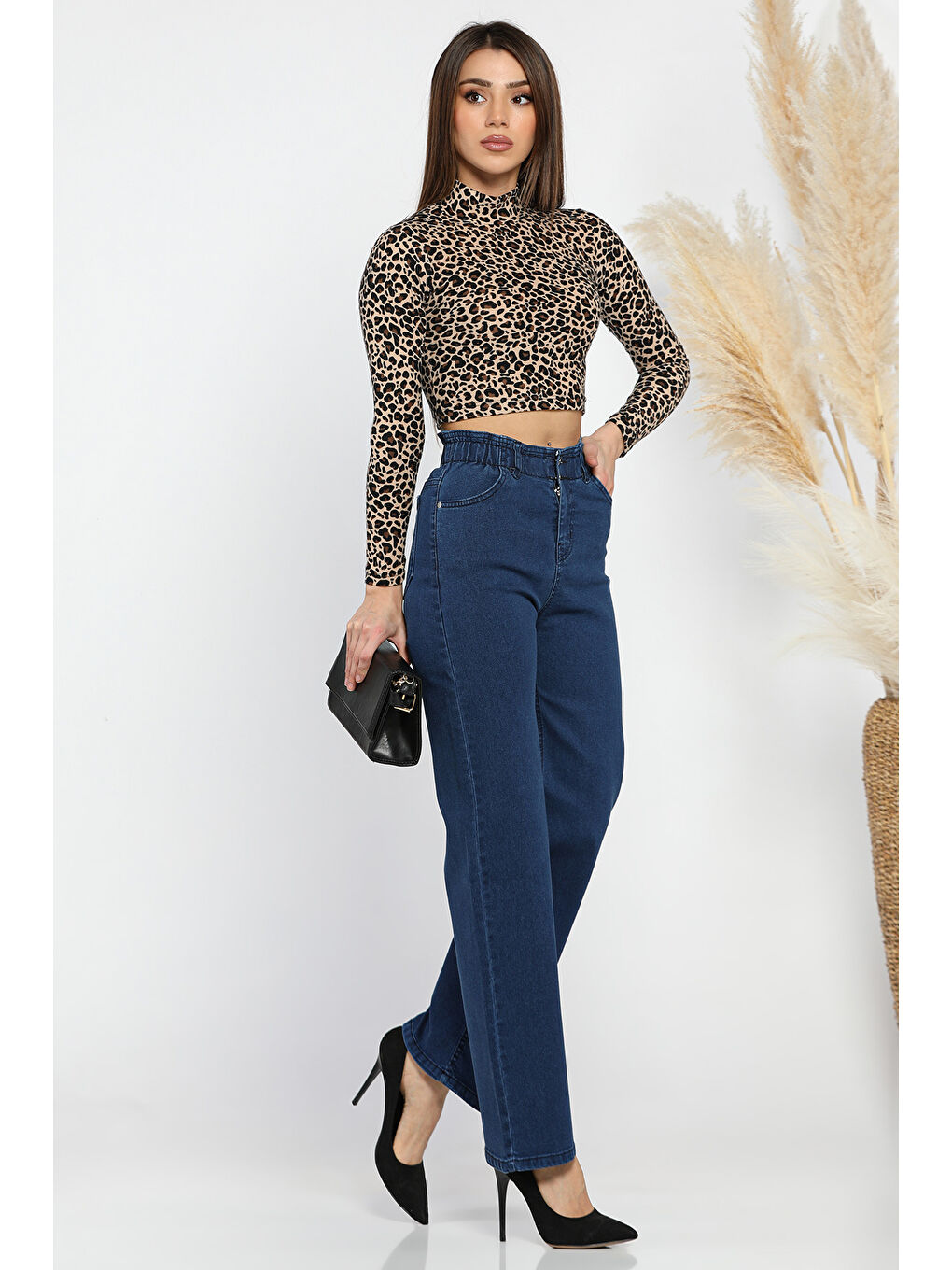 Lacivert Çift Düğme Detaylı Bol Paça Elastanlı Kadın Jean Pantolon