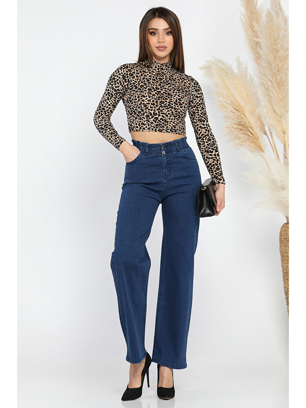 Lacivert Çift Düğme Detaylı Bol Paça Elastanlı Kadın Jean Pantolon-1