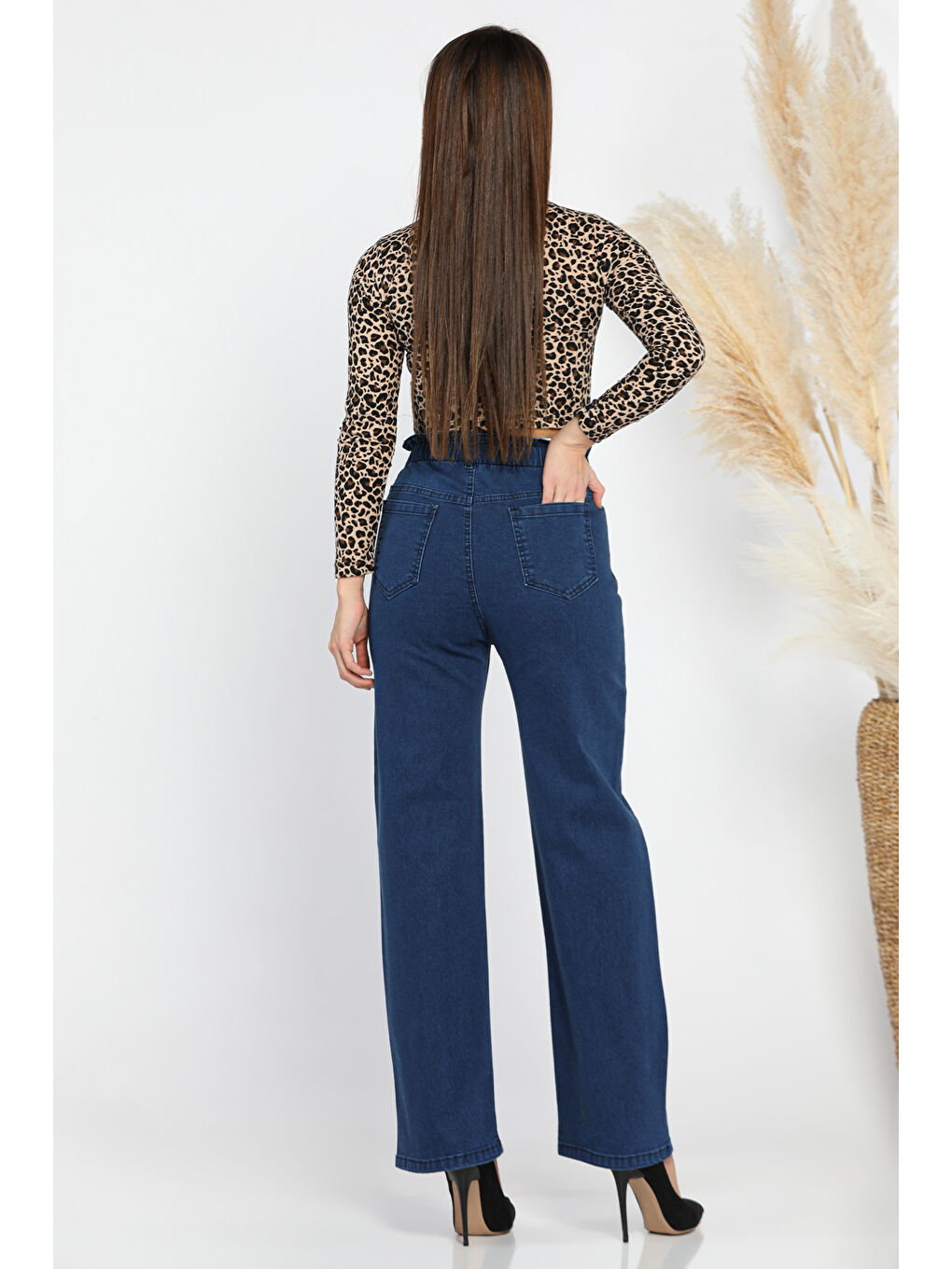 Lacivert Çift Düğme Detaylı Bol Paça Elastanlı Kadın Jean Pantolon-2