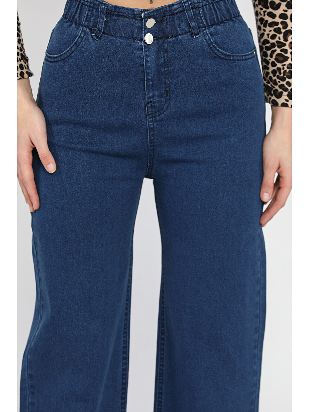 Lacivert Çift Düğme Detaylı Bol Paça Elastanlı Kadın Jean Pantolon-3