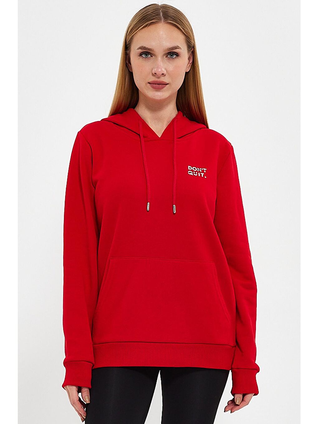 Kırmızı Kadın Dont Quit Baskılı 3 İplik Kapüşonlu Hoodie Sweatshirt