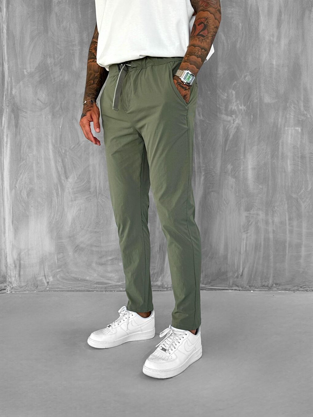 Erkek Beli Lastikli Tecno Kumaş Slim Fit Pantolon Yeşil-1