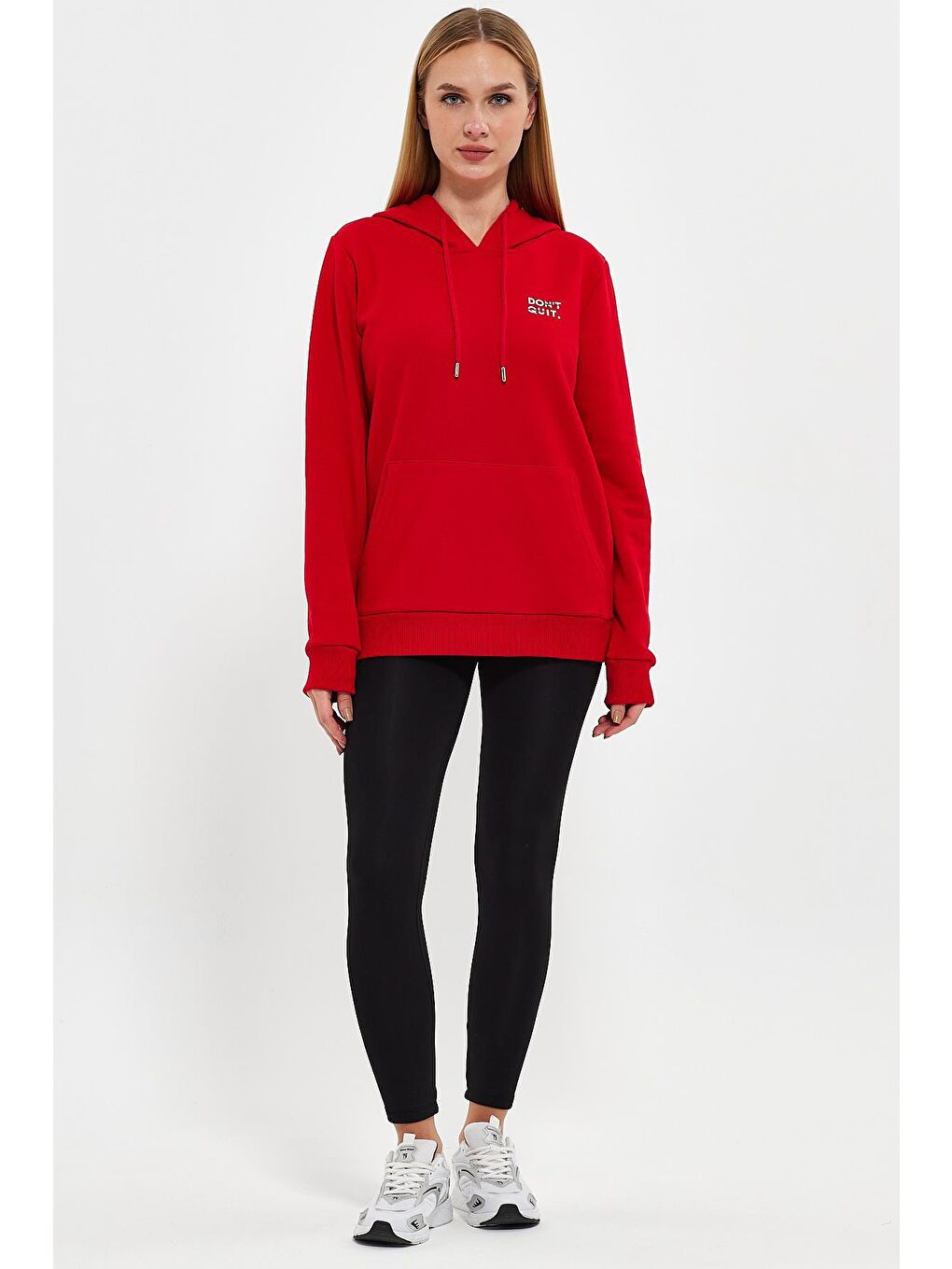 Kırmızı Kadın Dont Quit Baskılı 3 İplik Kapüşonlu Hoodie Sweatshirt-1
