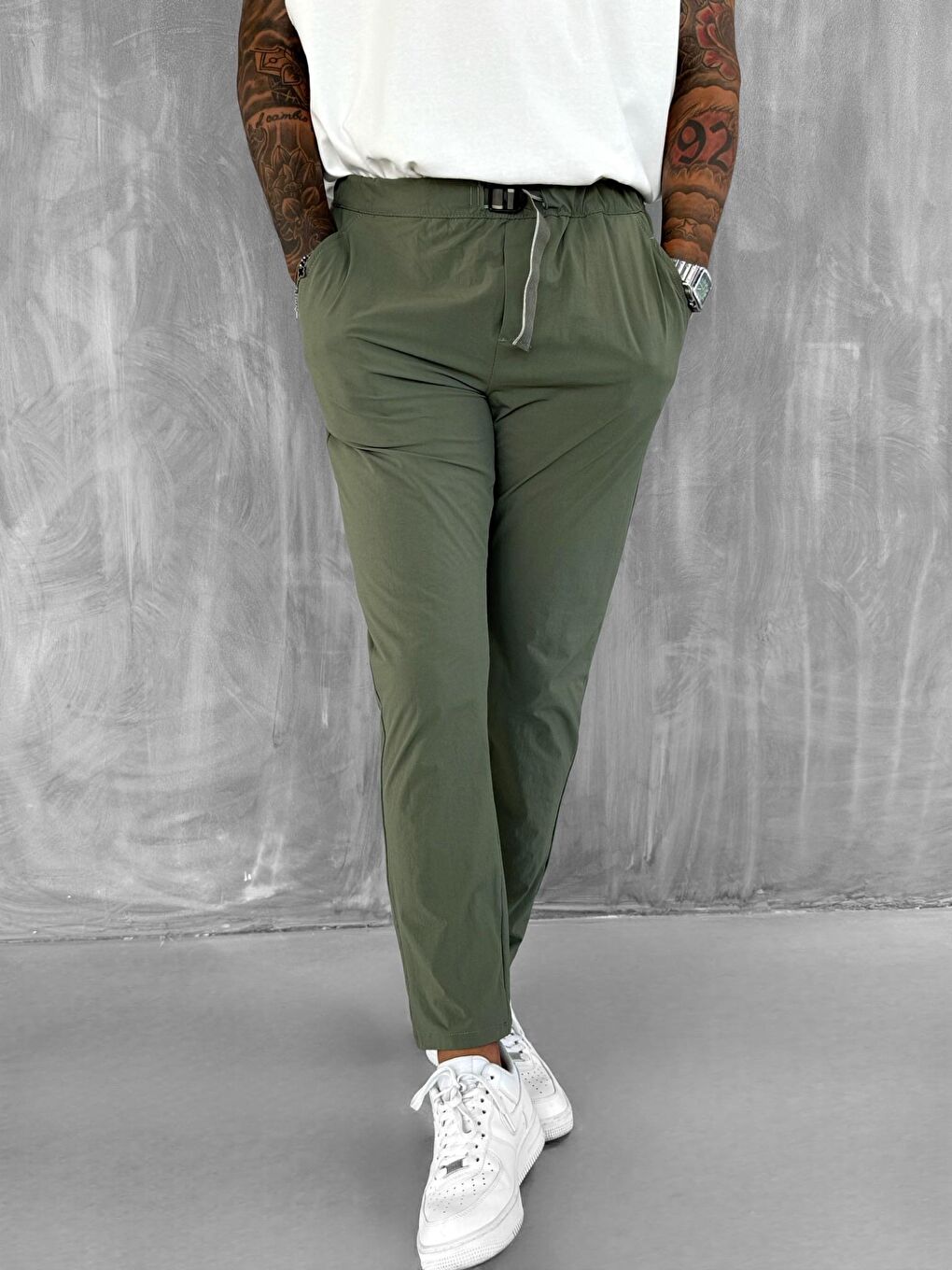 Erkek Beli Lastikli Tecno Kumaş Slim Fit Pantolon Yeşil-2
