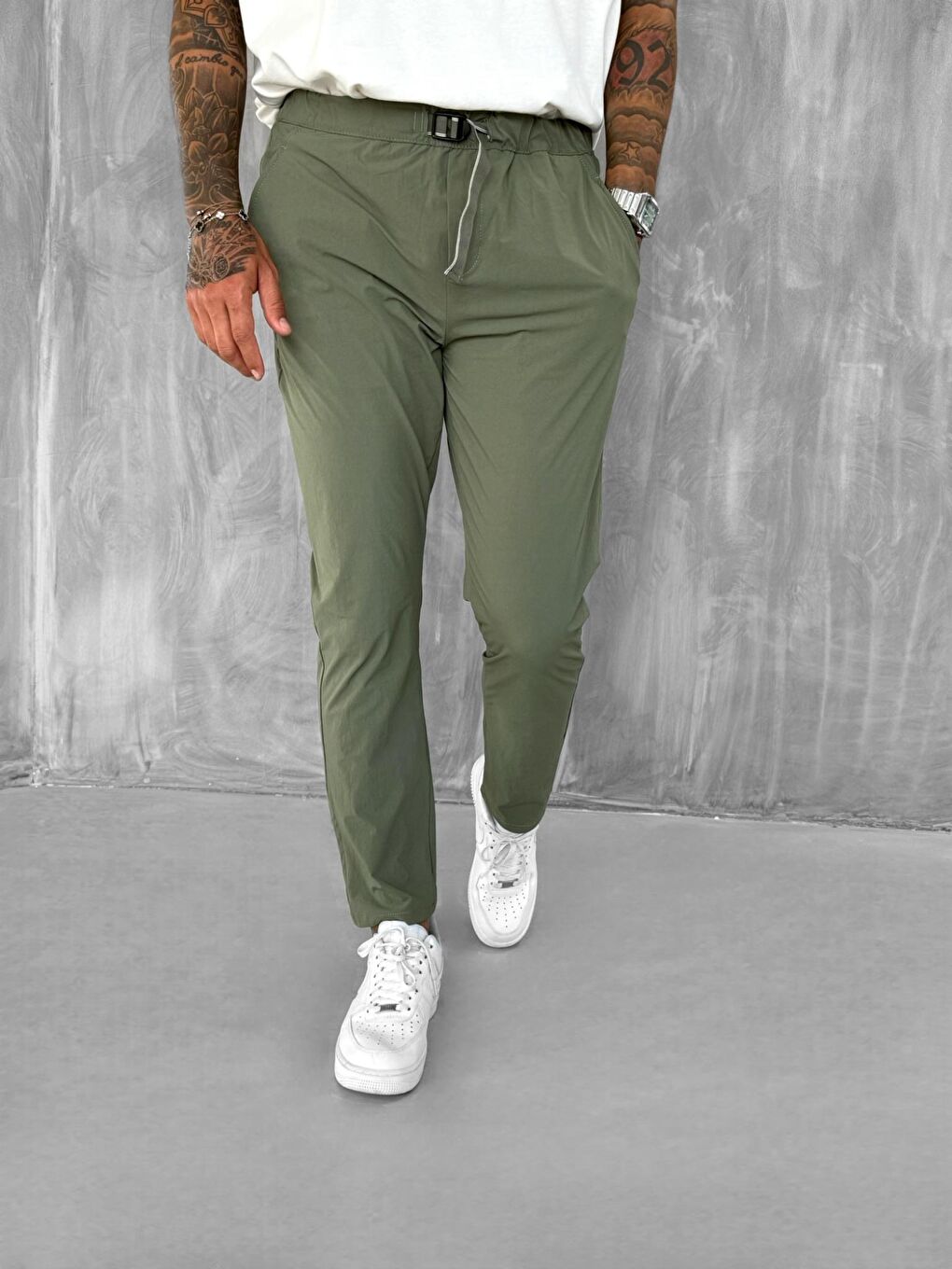 Erkek Beli Lastikli Tecno Kumaş Slim Fit Pantolon Yeşil-3