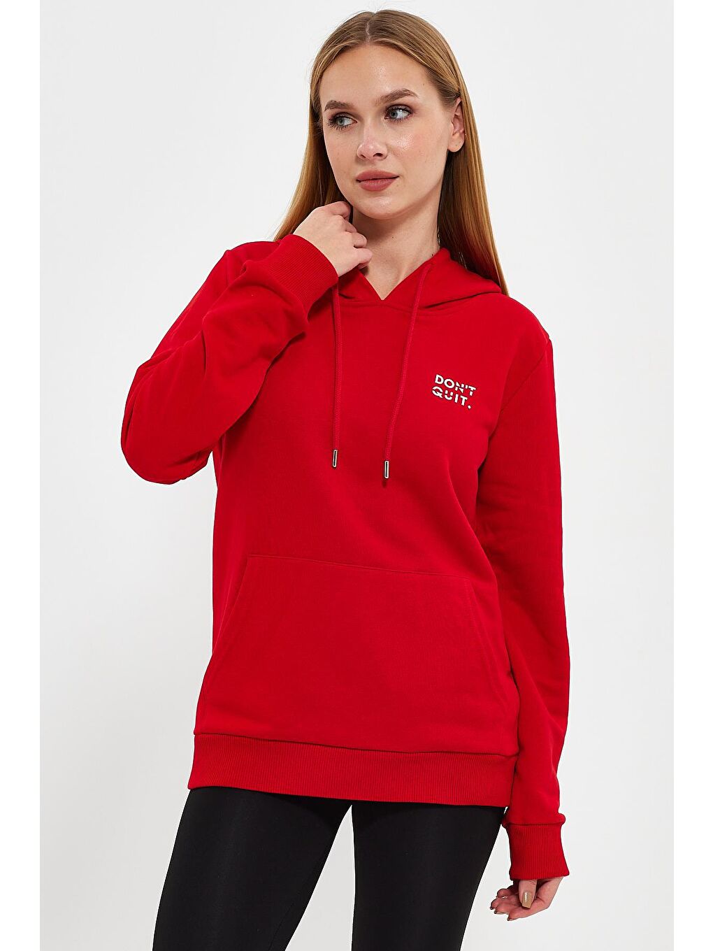 Kırmızı Kadın Dont Quit Baskılı 3 İplik Kapüşonlu Hoodie Sweatshirt-2