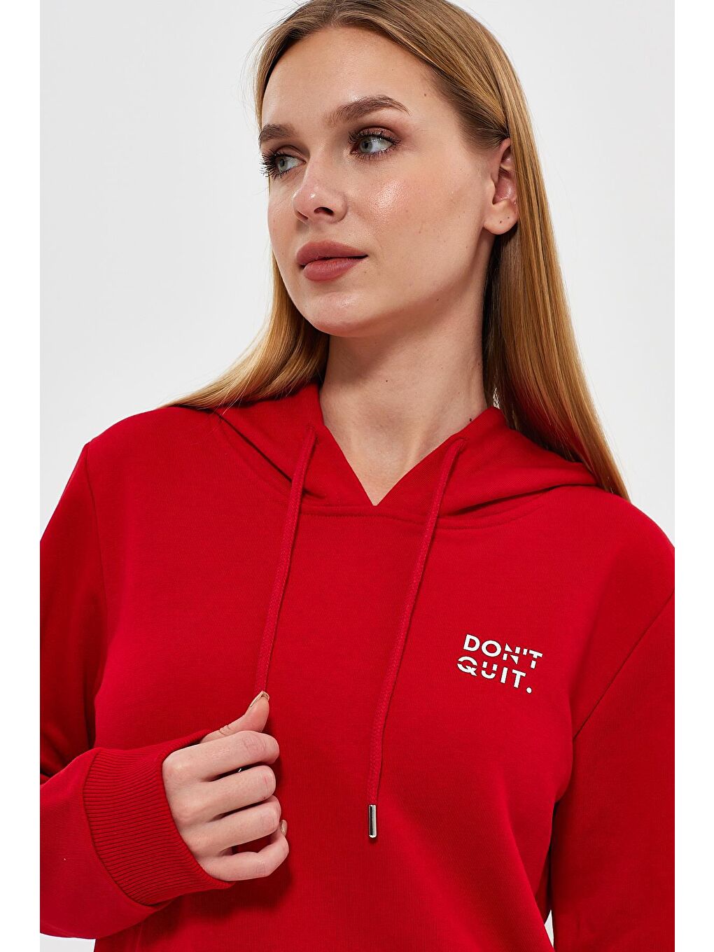 Kırmızı Kadın Dont Quit Baskılı 3 İplik Kapüşonlu Hoodie Sweatshirt-3