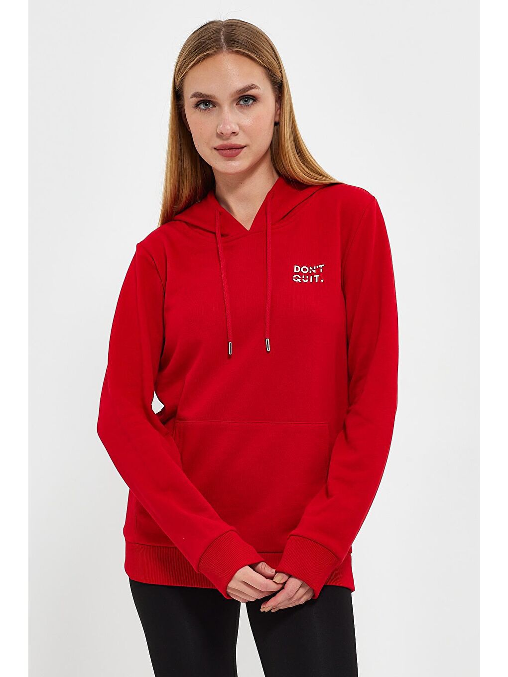 Kırmızı Kadın Dont Quit Baskılı 3 İplik Kapüşonlu Hoodie Sweatshirt-4