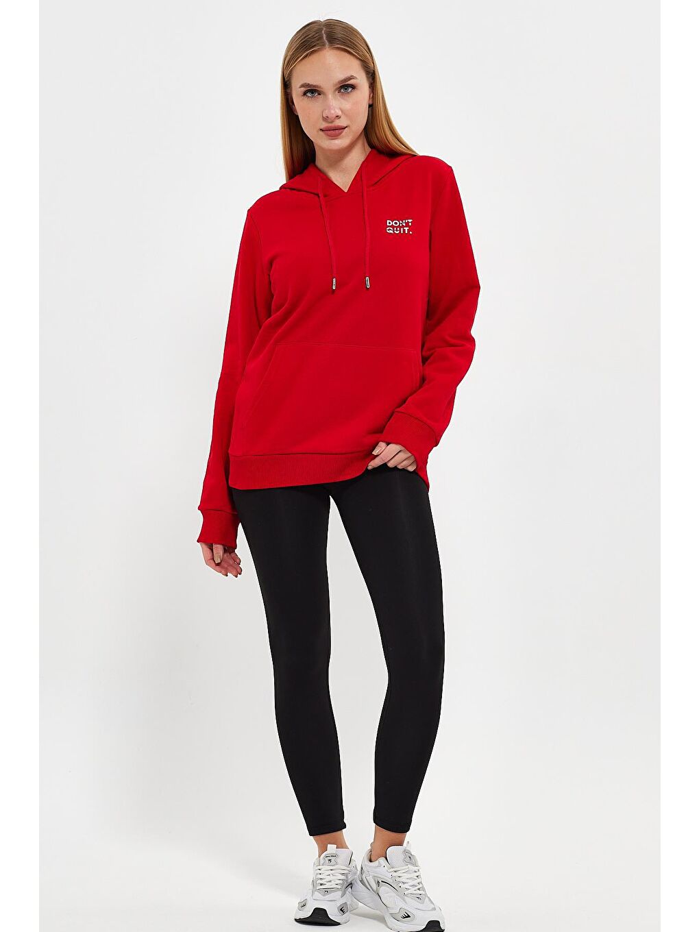 Kırmızı Kadın Dont Quit Baskılı 3 İplik Kapüşonlu Hoodie Sweatshirt-5