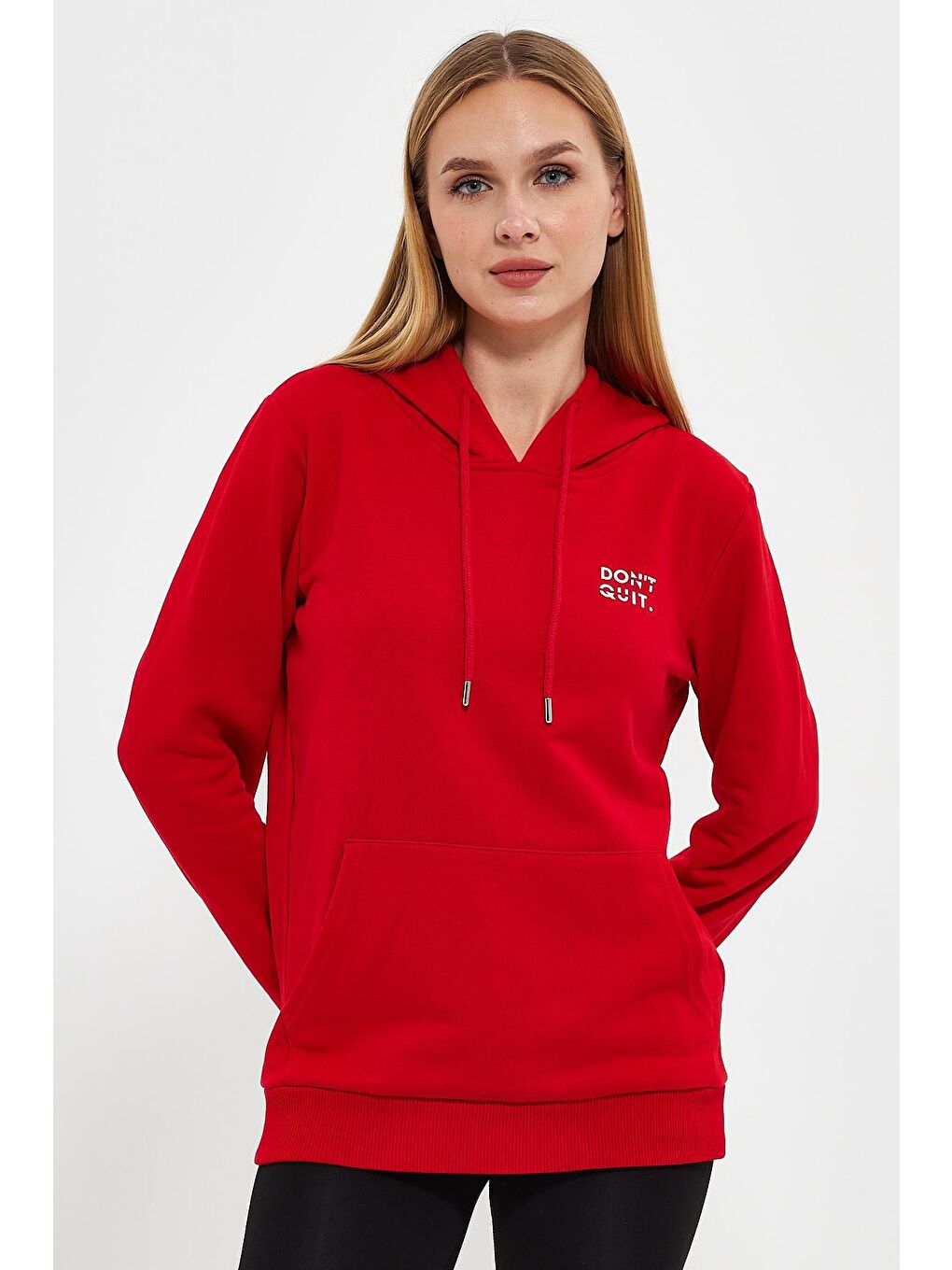 Kırmızı Kadın Dont Quit Baskılı 3 İplik Kapüşonlu Hoodie Sweatshirt-6