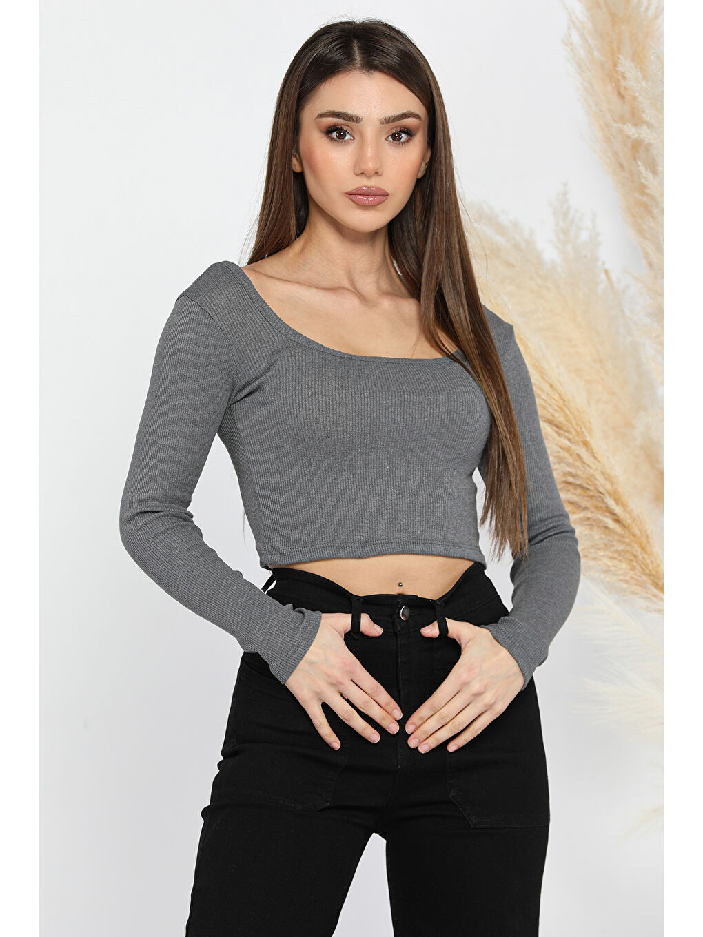 GÜLSELİ Antrasit Kadın Kare Yaka Kaşkorse Crop Body Bluz