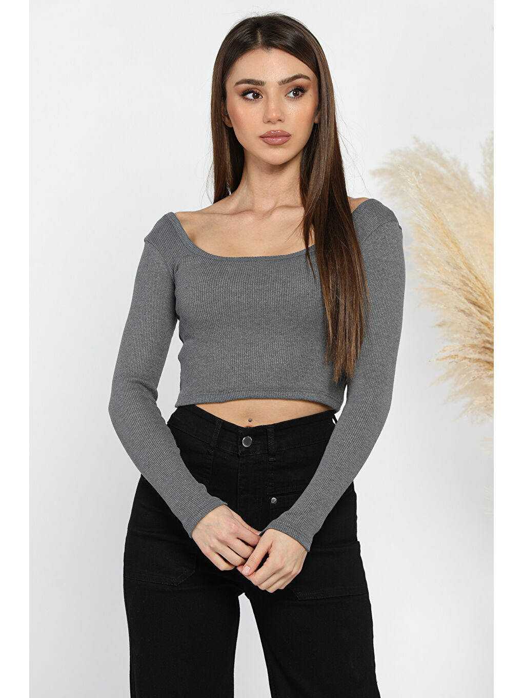 GÜLSELİ Antrasit Kadın Kare Yaka Kaşkorse Crop Body Bluz - 1