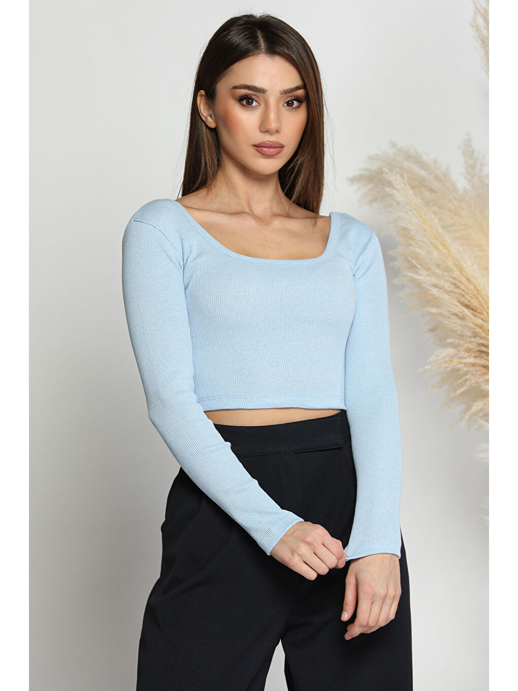 GÜLSELİ Mavi Kadın Kare Yaka Kaşkorse Crop Body Bluz