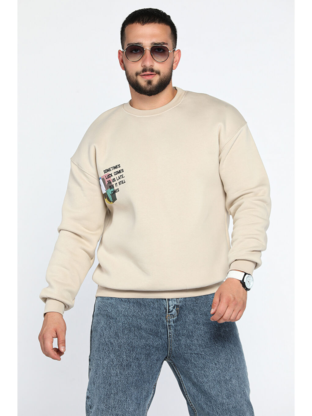 Mishar İtalia Bej Bisiklet Yaka Üç İplik Şardonlu Baskılı Erkek Sweatshirt - 1