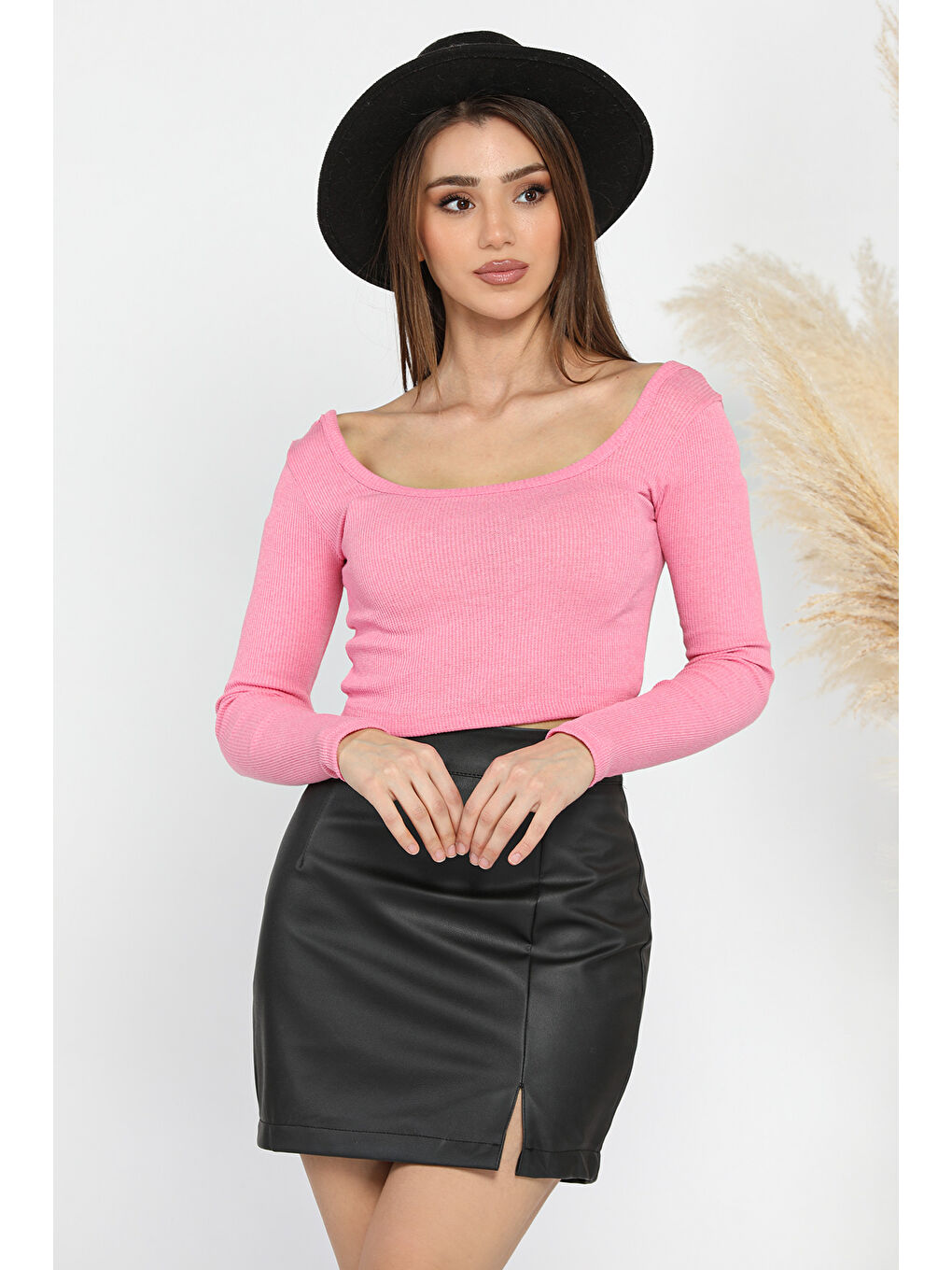 GÜLSELİ Pembe Kadın Kare Yaka Kaşkorse Crop Body Bluz - 1