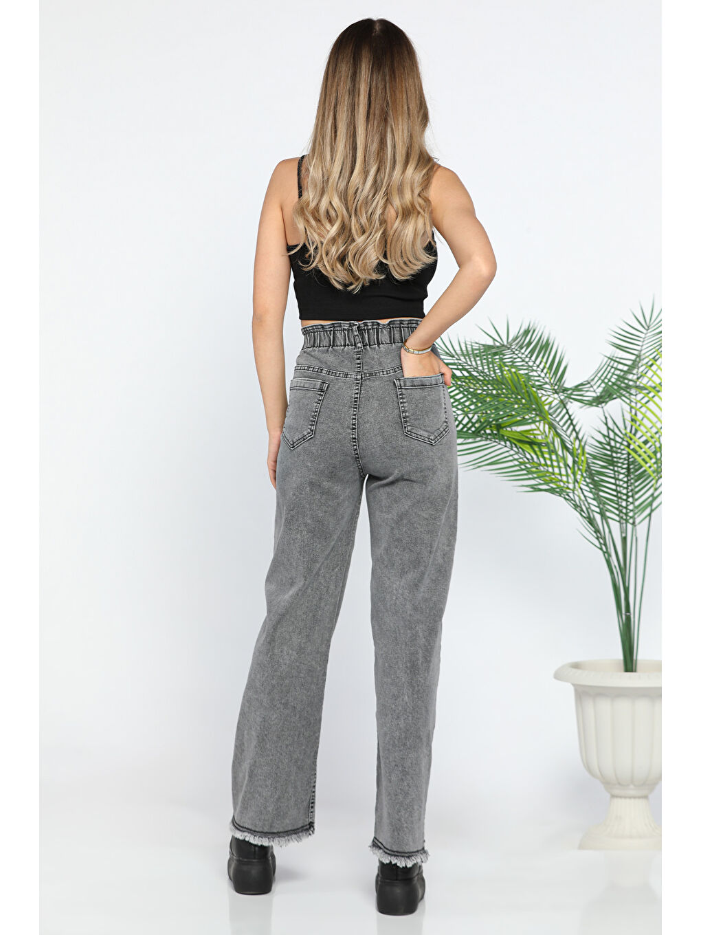 Antrasit Kadın Yüksek Bel Paça Püsküllü Taş Detaylı Elastanlı Jean Pantolon-2