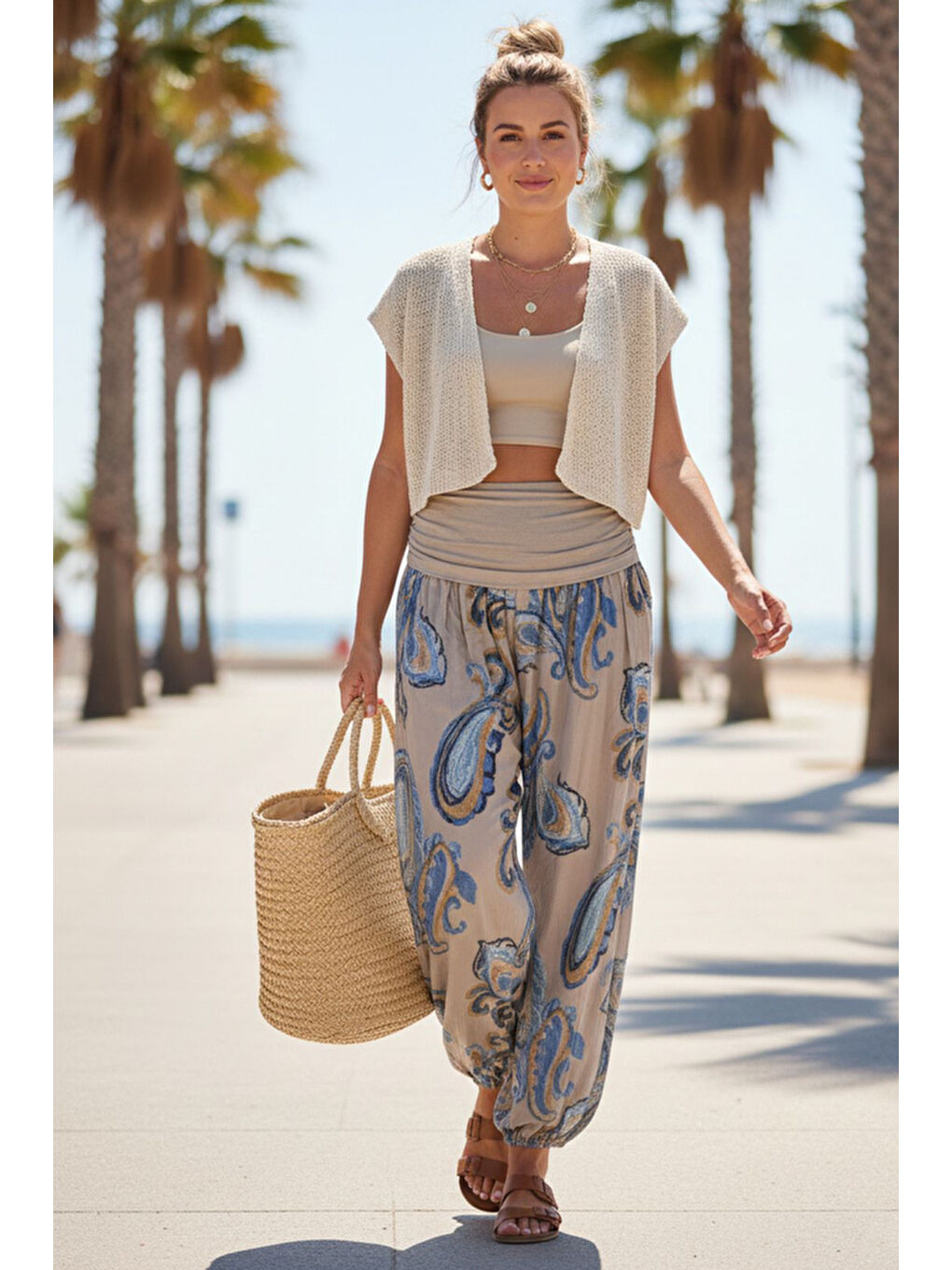 İtalyan Bej Şal Desenli İnce Yüksek Bel Lastikli Paça Casual Bol Dokuma Pantolon 102 55-75-1