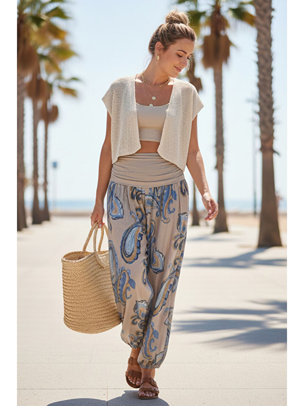 İtalyan Bej Şal Desenli İnce Yüksek Bel Lastikli Paça Casual Bol Dokuma Pantolon 102 55-75-2