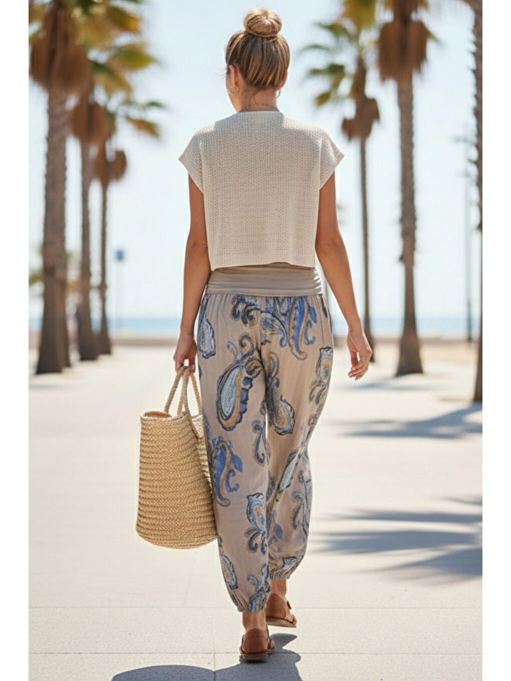 İtalyan Bej Şal Desenli İnce Yüksek Bel Lastikli Paça Casual Bol Dokuma Pantolon 102 55-75-3