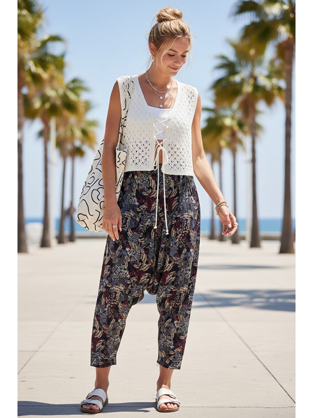 Mavi Desenli Allover Baskılı Lastikli Bel Şalvar Paça Casual Dokuma Şalvar Pantolon 105 65-2