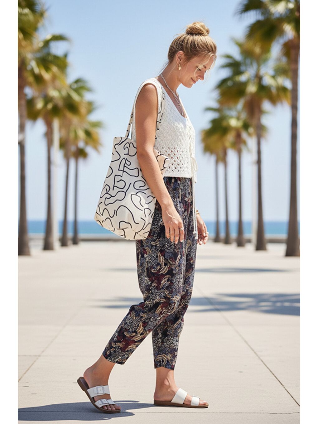 Mavi Desenli Allover Baskılı Lastikli Bel Şalvar Paça Casual Dokuma Şalvar Pantolon 105 65-3