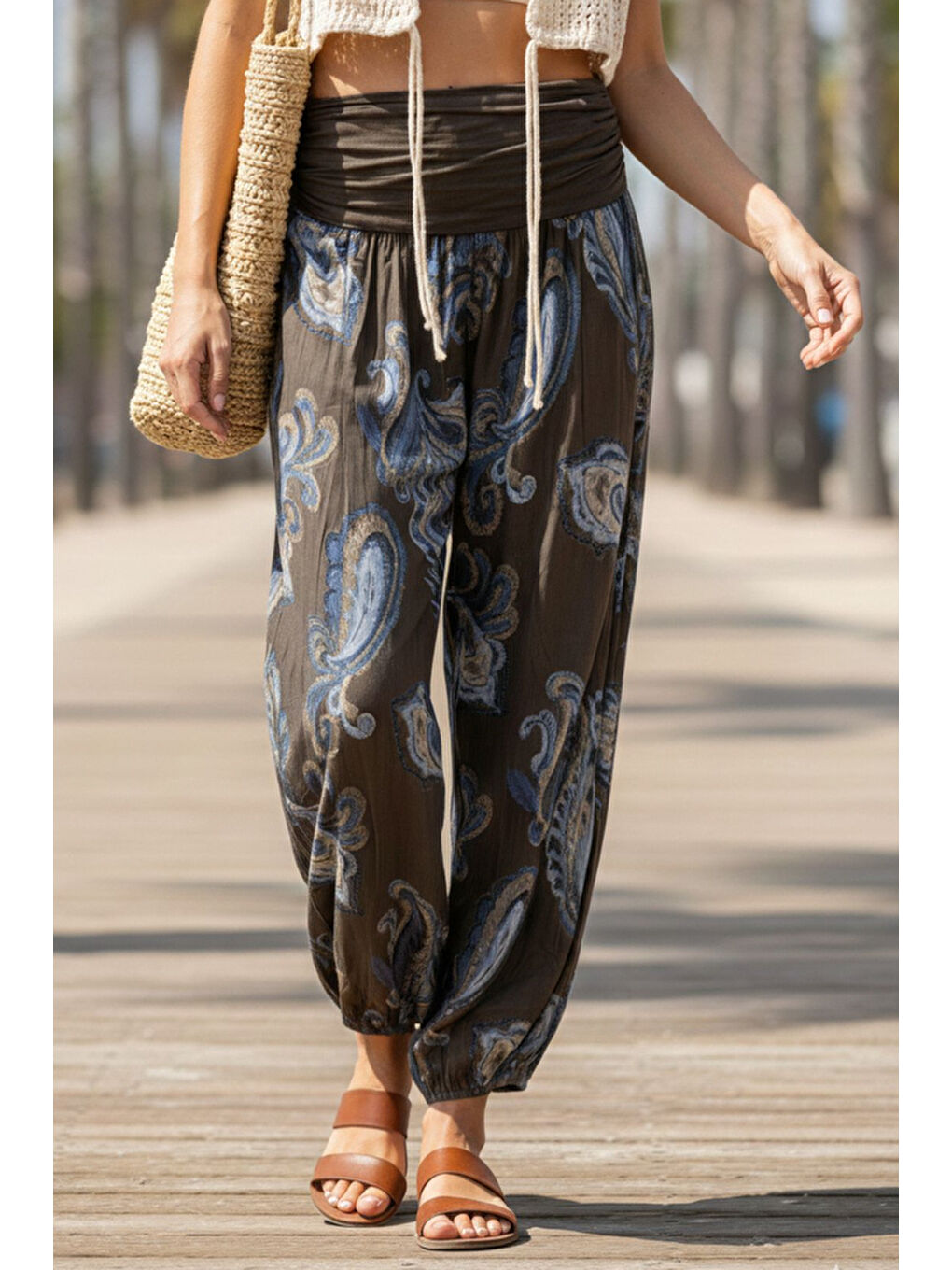 İtalyan Kahverengi Şal Desenli İnce Yüksek Bel Lastikli Paça Casual Bol Dokuma Pantolon 102 55-75