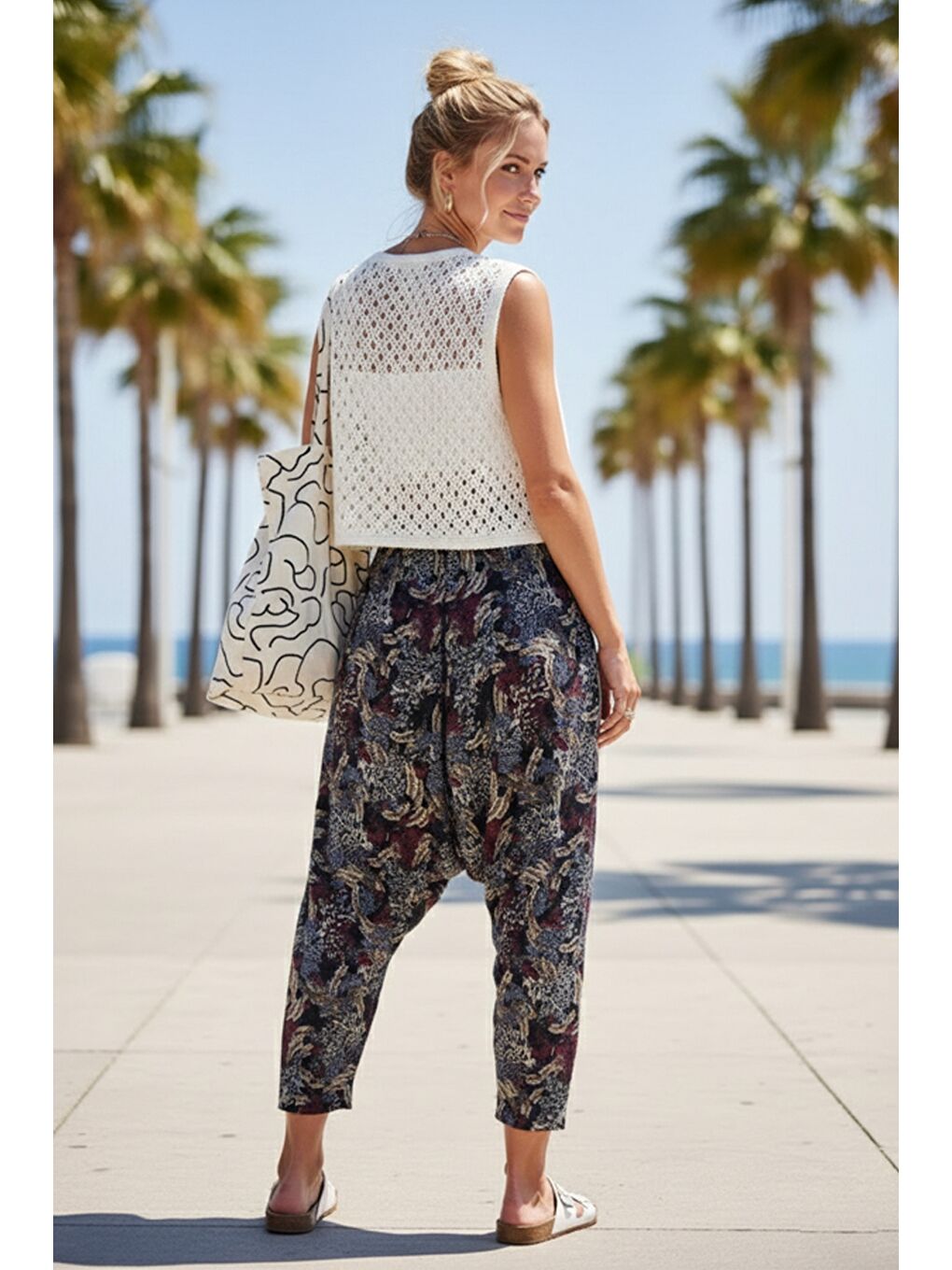 Mavi Desenli Allover Baskılı Lastikli Bel Şalvar Paça Casual Dokuma Şalvar Pantolon 105 65-4