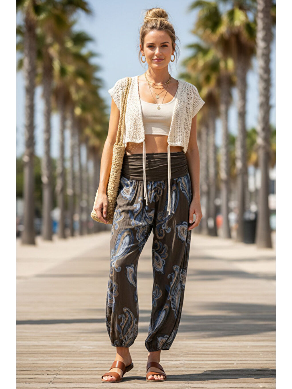 İtalyan Kahverengi Şal Desenli İnce Yüksek Bel Lastikli Paça Casual Bol Dokuma Pantolon 102 55-75-1