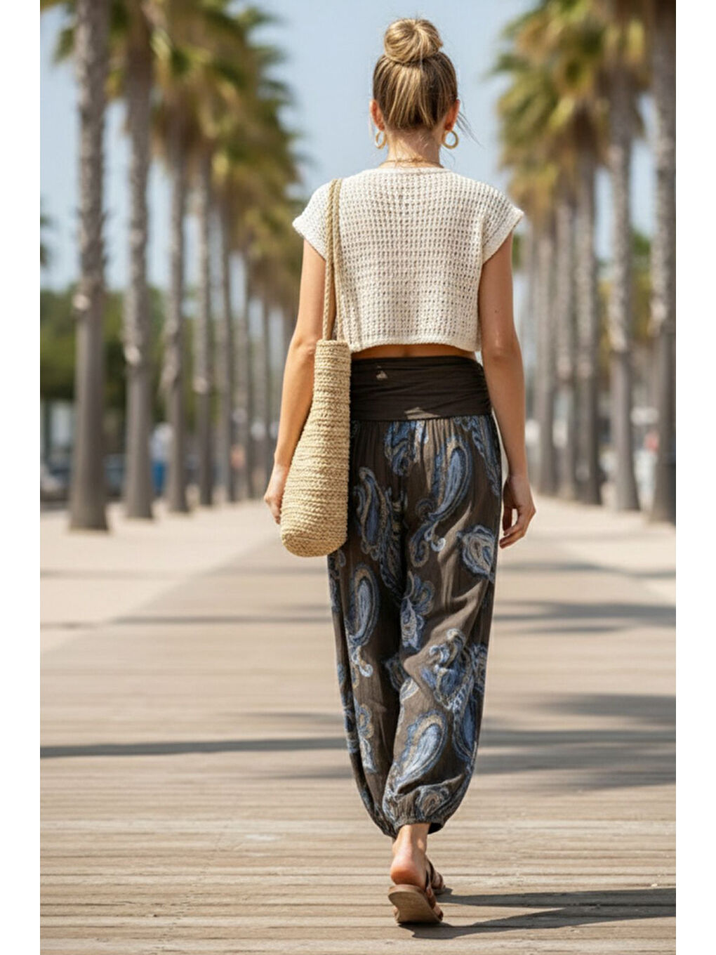 İtalyan Kahverengi Şal Desenli İnce Yüksek Bel Lastikli Paça Casual Bol Dokuma Pantolon 102 55-75-3