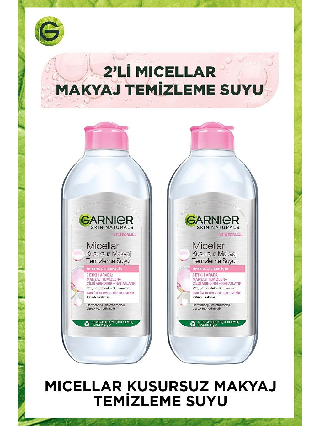 GARNIER Renksiz Micellar Kusursuz Makyaj Temizleme Suyu 400 ml x 2 Adet