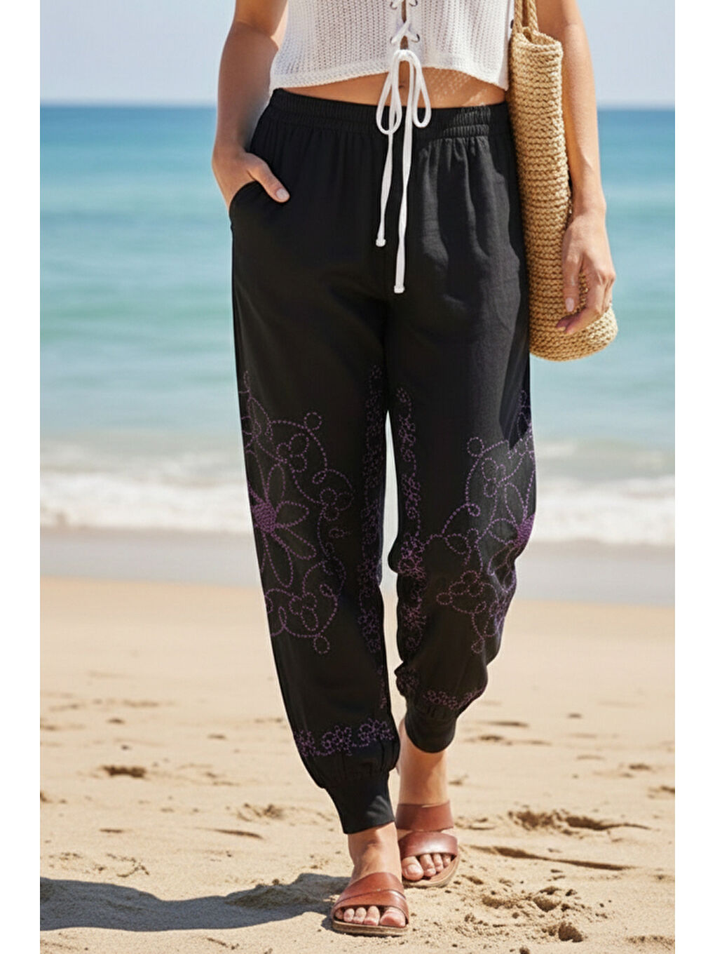 Siyah-Mor Baskılı Cepli Lastikli Bel Lastikli Paça Casual Örme Şalvar Pantolon 95 60