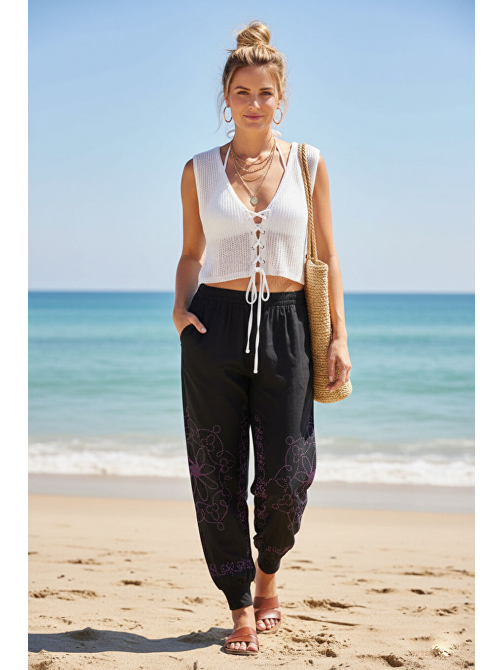 Siyah-Mor Baskılı Cepli Lastikli Bel Lastikli Paça Casual Örme Şalvar Pantolon 95 60-1