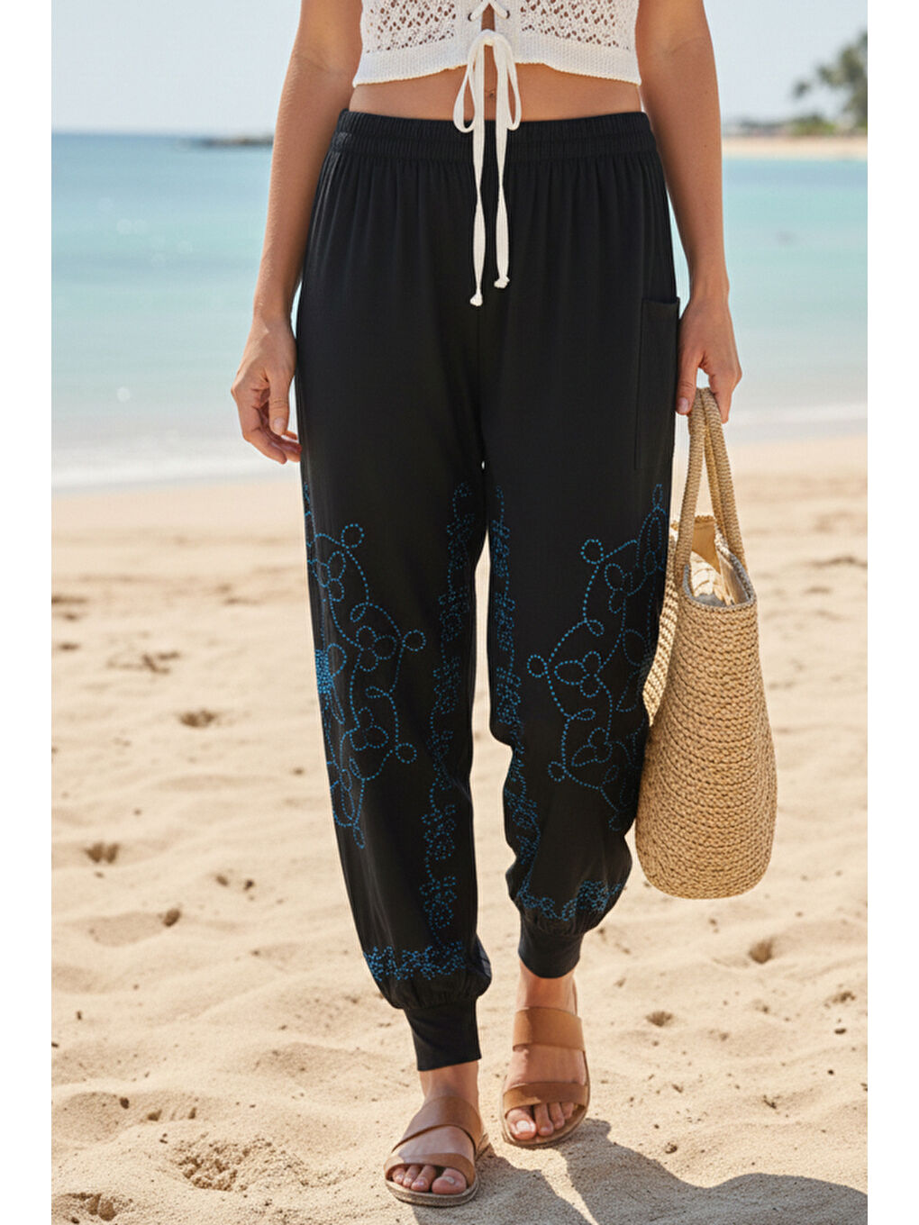 Siyah-Mavi Baskılı Cepli Lastikli Bel Lastikli Paça Casual Örme Şalvar Pantolon 95 60