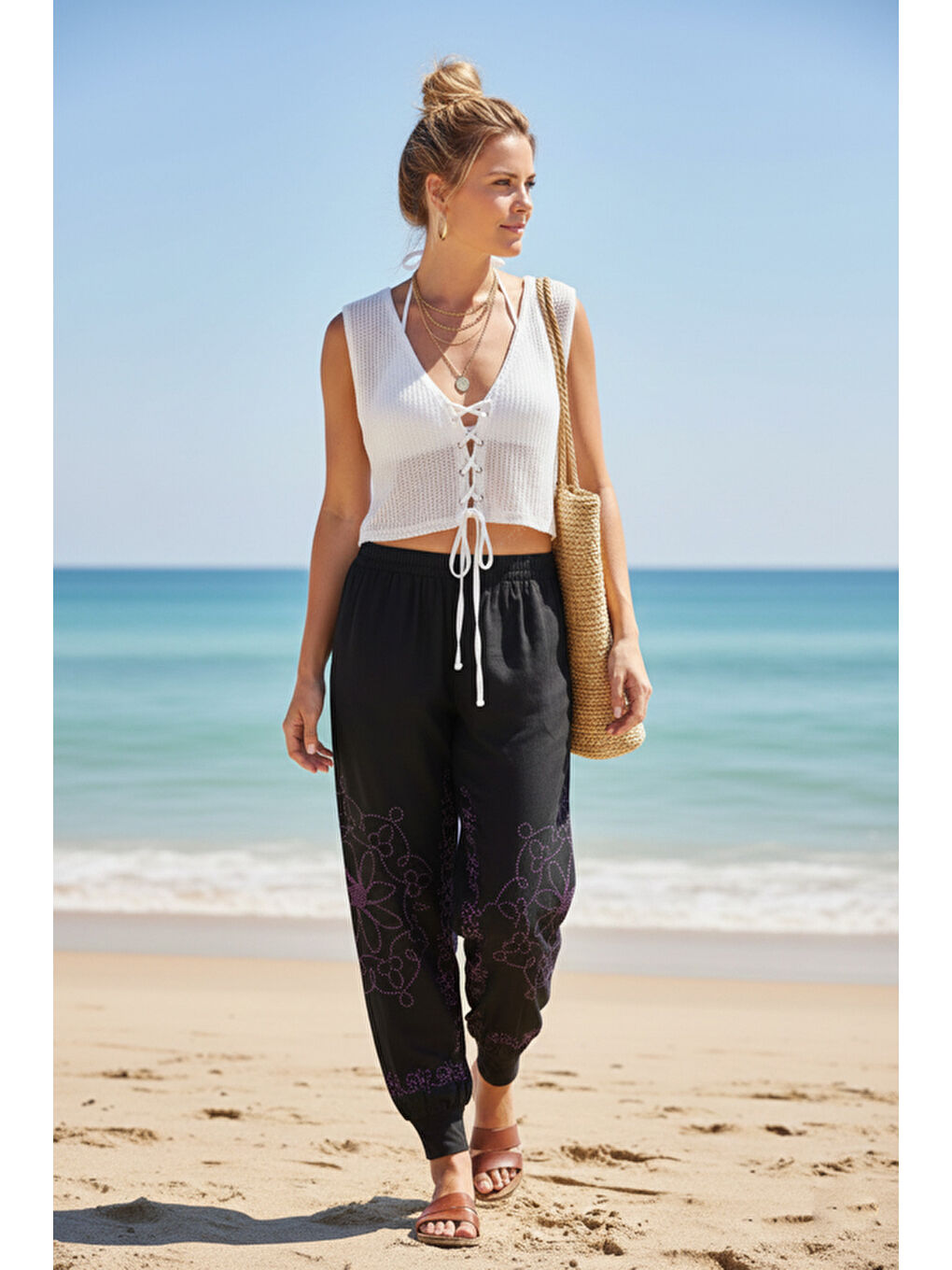 Siyah-Mor Baskılı Cepli Lastikli Bel Lastikli Paça Casual Örme Şalvar Pantolon 95 60-2