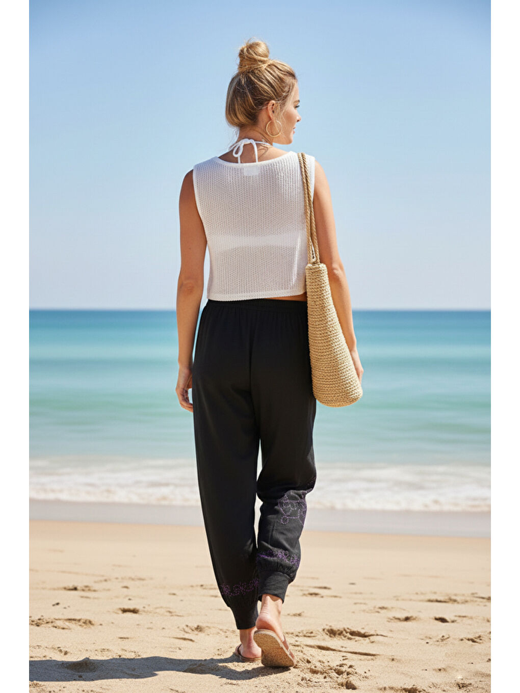 Siyah-Mor Baskılı Cepli Lastikli Bel Lastikli Paça Casual Örme Şalvar Pantolon 95 60-3