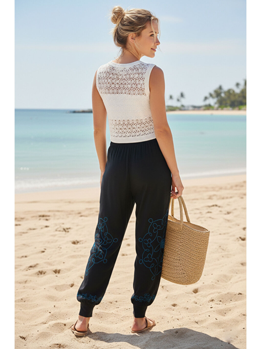 Siyah-Mavi Baskılı Cepli Lastikli Bel Lastikli Paça Casual Örme Şalvar Pantolon 95 60-3