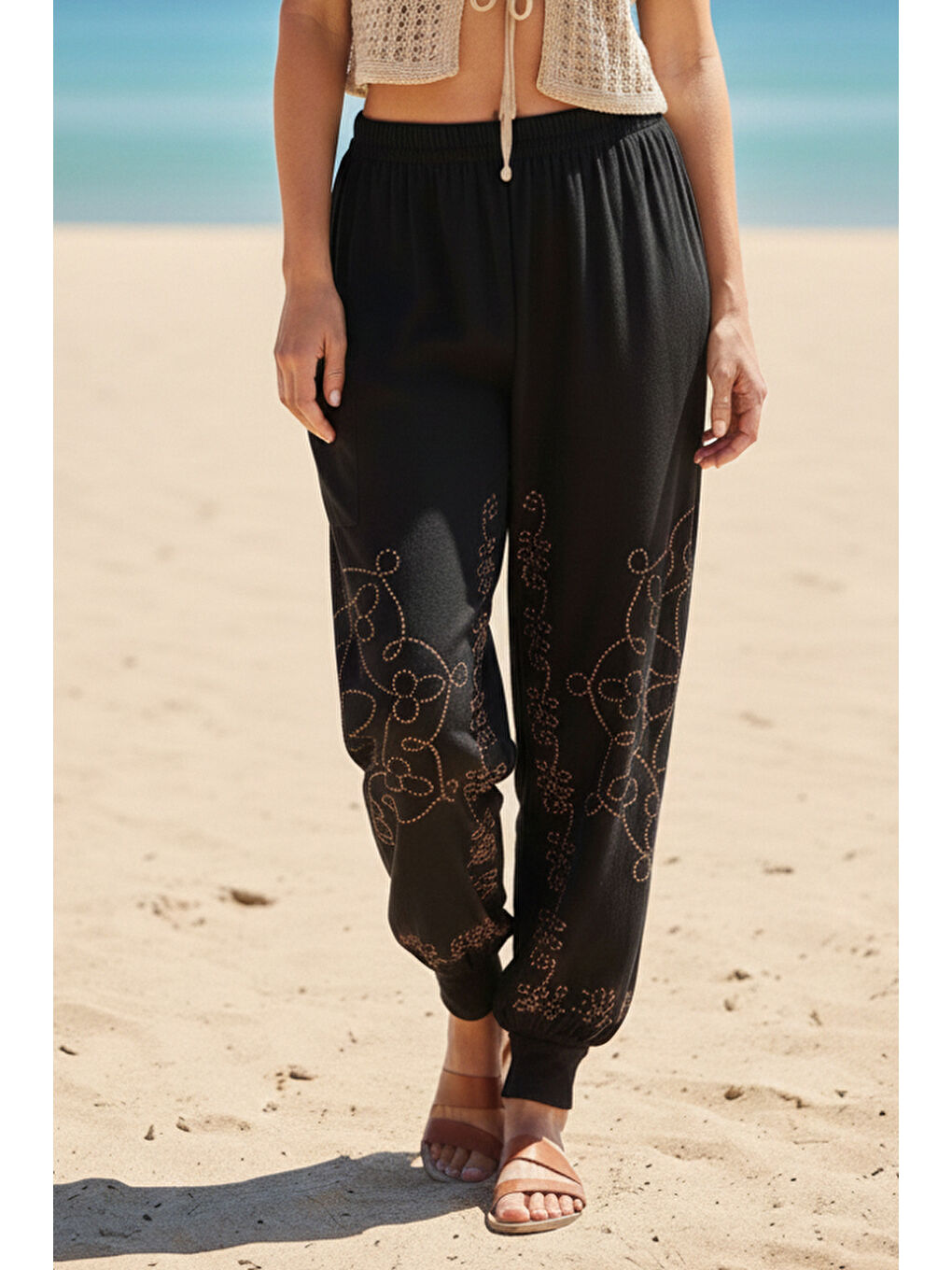 Siyah-Kahverengi Baskılı Cepli Lastikli Bel Lastikli Paça Casual Örme Şalvar Pantolon 95 60