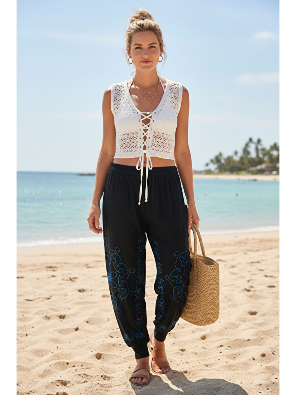 Siyah-Mavi Baskılı Cepli Lastikli Bel Lastikli Paça Casual Örme Şalvar Pantolon 95 60-4