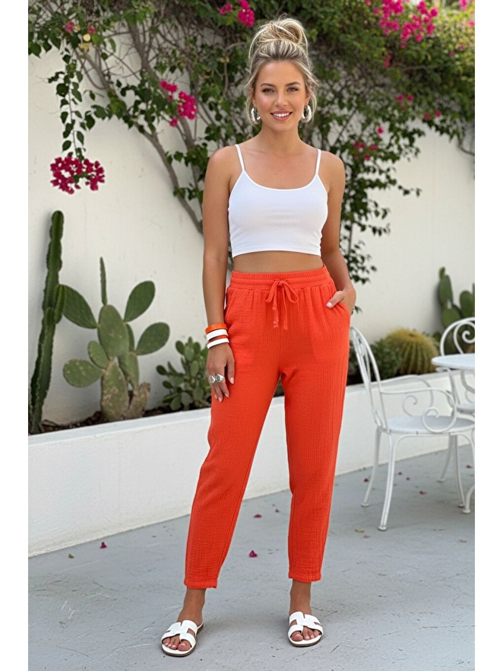 Organik Pamuk Turuncu Cepli Lastikli Ve Bağlamalı Bel Şalvar Casual Müslin Dokuma Pantolon 100 65-1