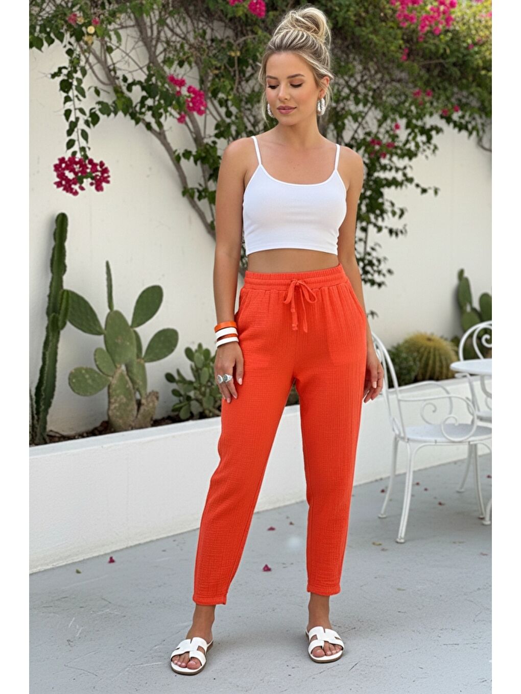 Organik Pamuk Turuncu Cepli Lastikli Ve Bağlamalı Bel Şalvar Casual Müslin Dokuma Pantolon 100 65-2