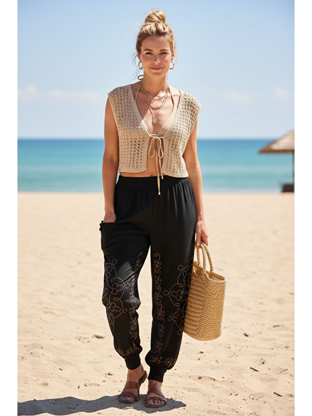 Siyah-Kahverengi Baskılı Cepli Lastikli Bel Lastikli Paça Casual Örme Şalvar Pantolon 95 60-1