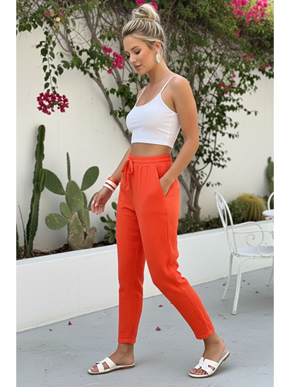 Organik Pamuk Turuncu Cepli Lastikli Ve Bağlamalı Bel Şalvar Casual Müslin Dokuma Pantolon 100 65-3