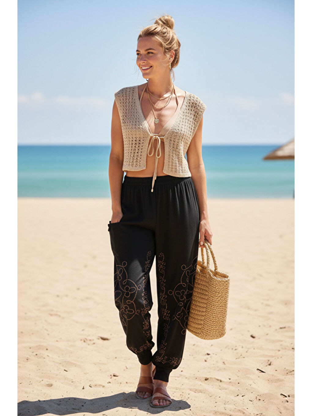 Siyah-Kahverengi Baskılı Cepli Lastikli Bel Lastikli Paça Casual Örme Şalvar Pantolon 95 60-2