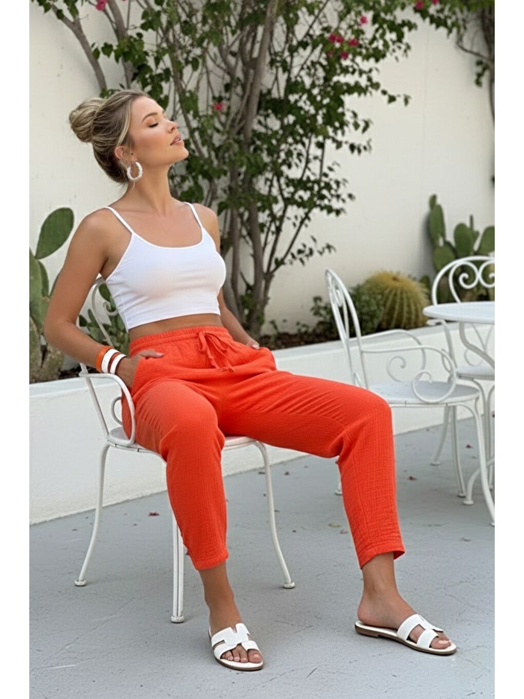 Organik Pamuk Turuncu Cepli Lastikli Ve Bağlamalı Bel Şalvar Casual Müslin Dokuma Pantolon 100 65-5