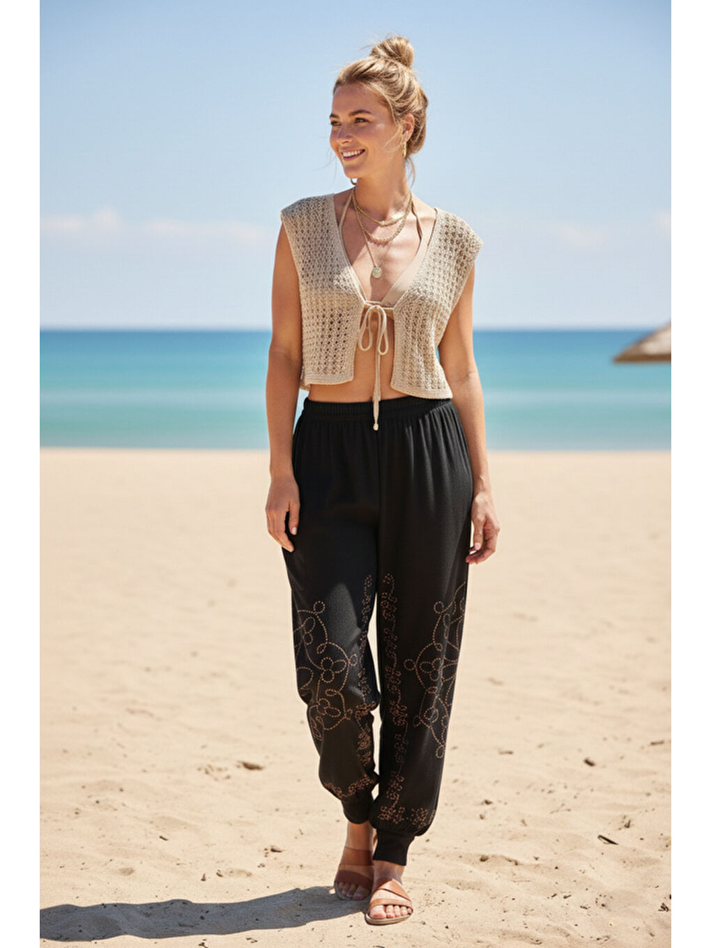 Siyah-Kahverengi Baskılı Cepli Lastikli Bel Lastikli Paça Casual Örme Şalvar Pantolon 95 60-3